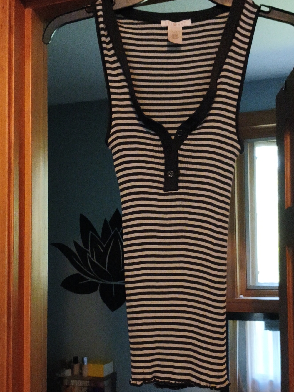 Black & White Striped Real Silk Sleeveless Henley Tank Top M